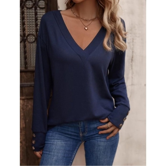 Women’s Plus Size Navy Blue V-Neck Button Long Sleeve Top - Picture 8 of 8